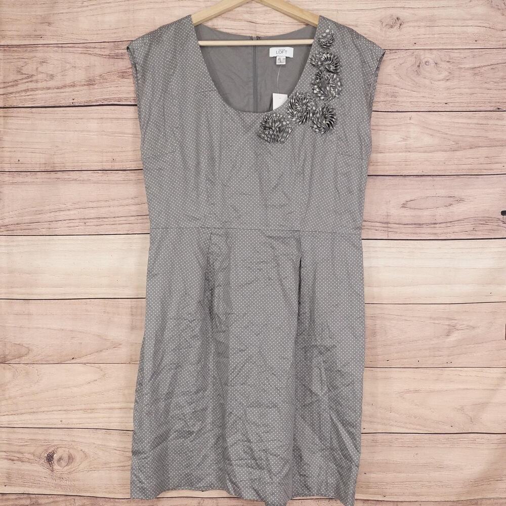 New! Ann Taylor‎ LOFT Dress Womens 12 Gray Polka Dot Ruffle A-Line Work Office